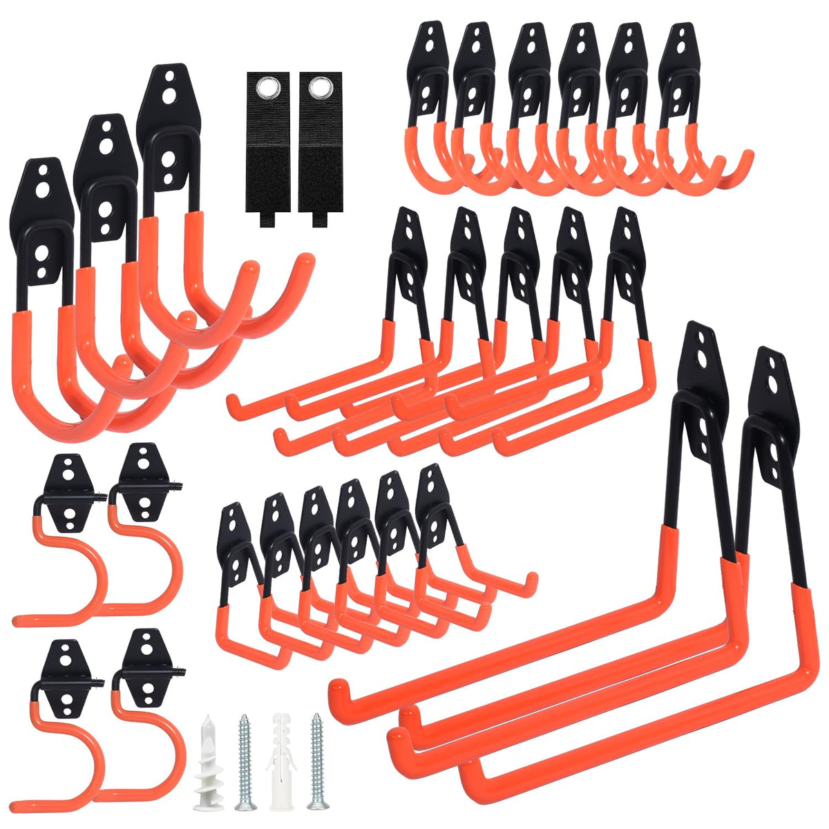 Moneek's Hardware 28-pack steel garage hooks with anti-slip coating for secure tool storage.