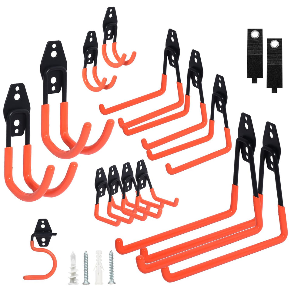 Moneek's Hardware 16-pack garage hooks on wall for organized tool storage.