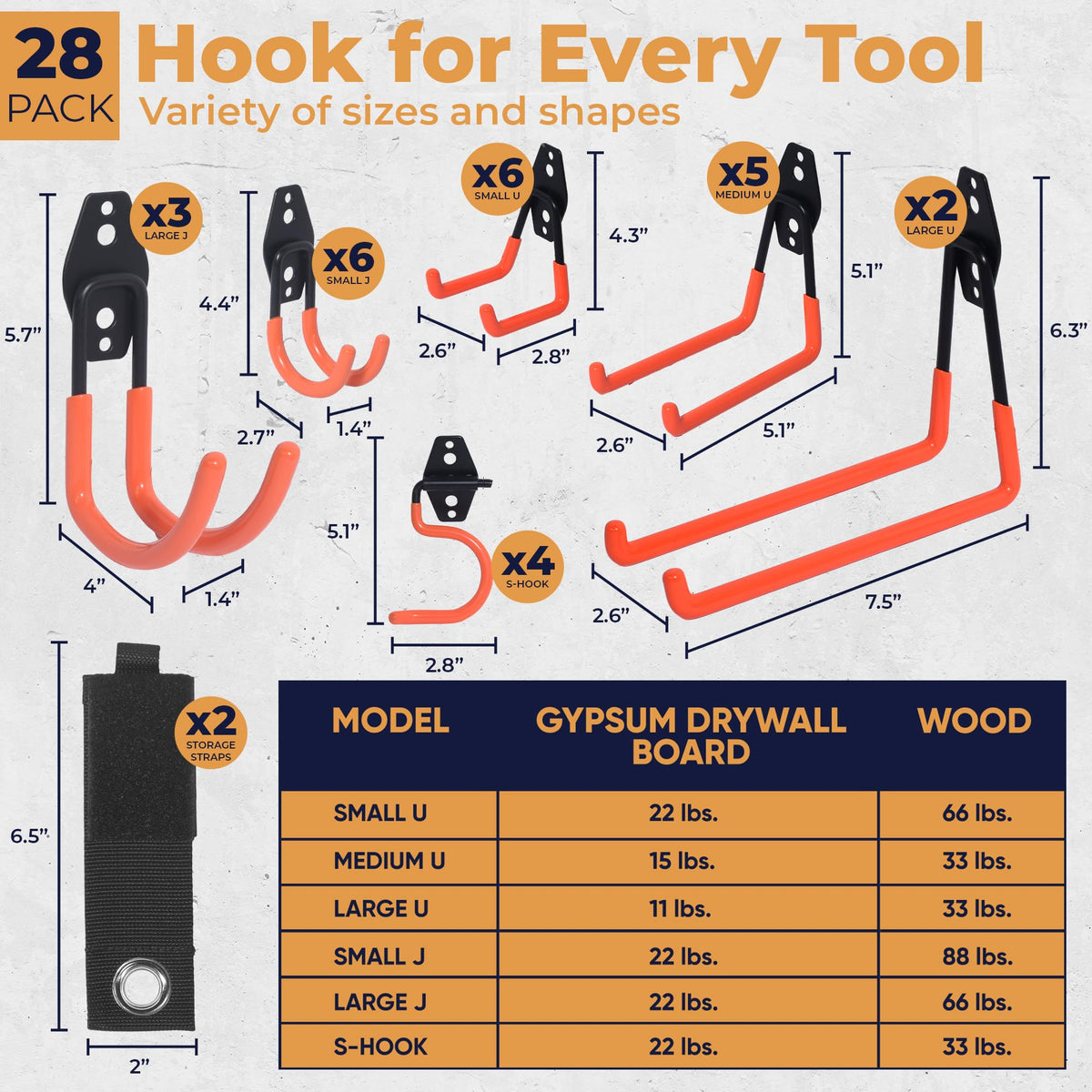 Moneek's Hardware heavy-duty garage hooks hold bikes and ladders securely.