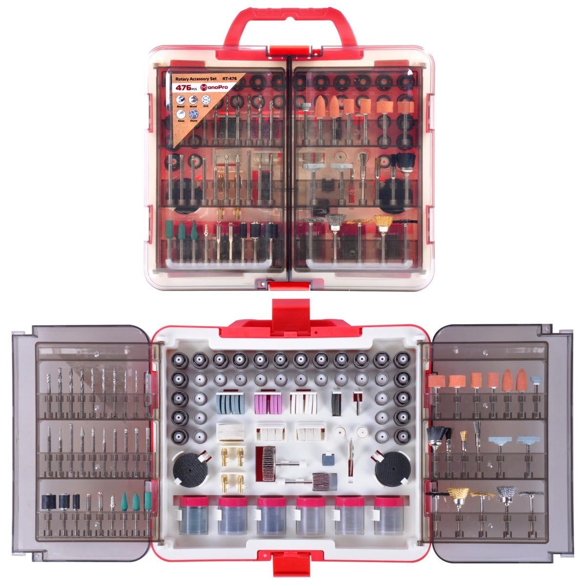 MonoPro 476 PCS rotary tool case showing organized storage for easy access.