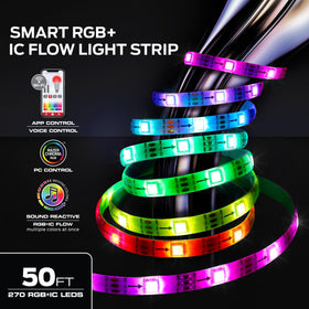Monster Smart RGB strip 50ft gaming setup with synchronized color effects.