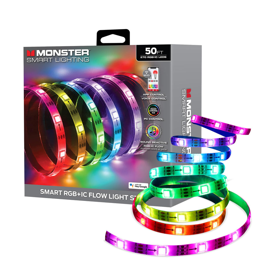 Monster Smart RGB strip 50ft wall mood lighting for immersive ambiance.