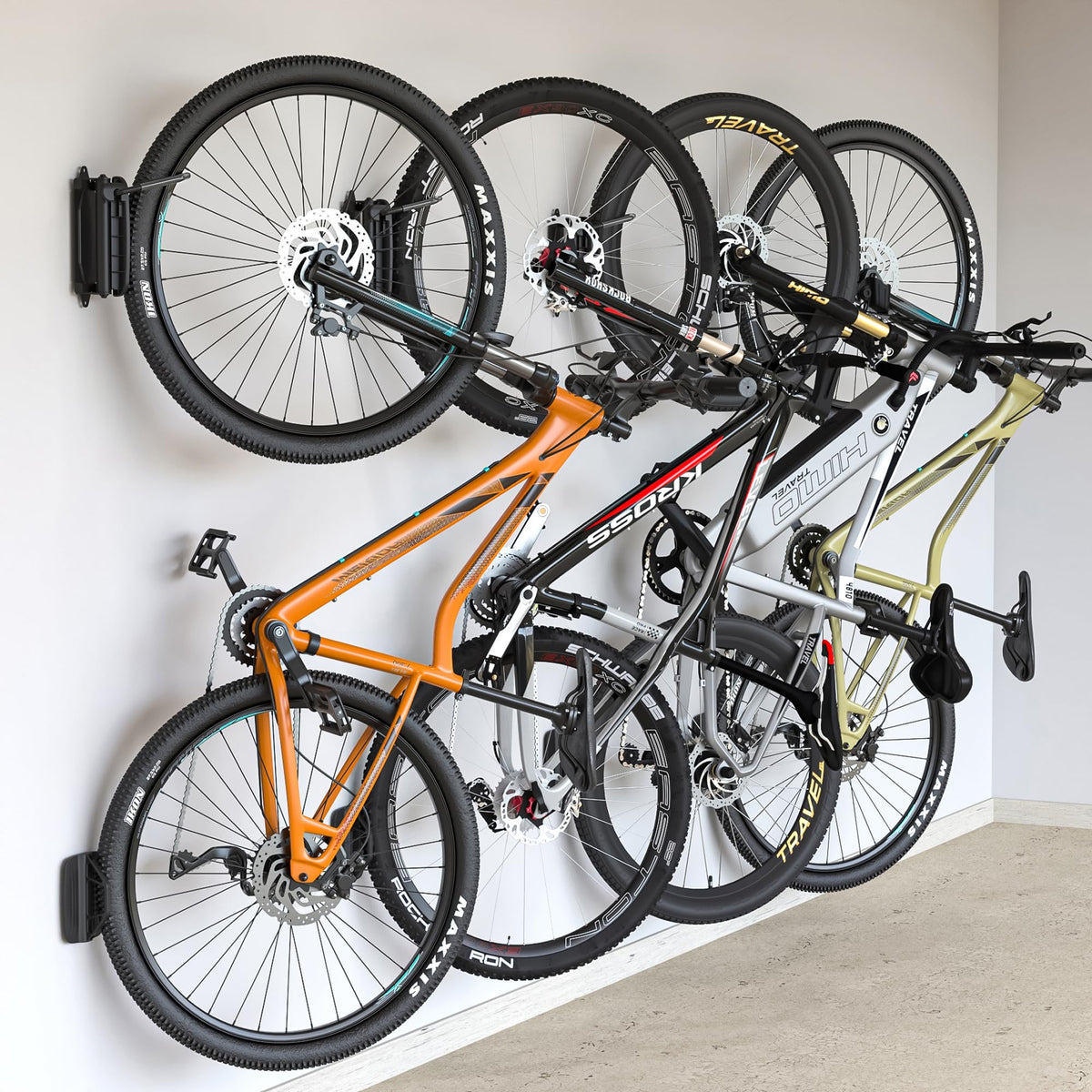 monTEK Swivel Bike Wall Mount four-pack shown for space-saving storage of bicycles