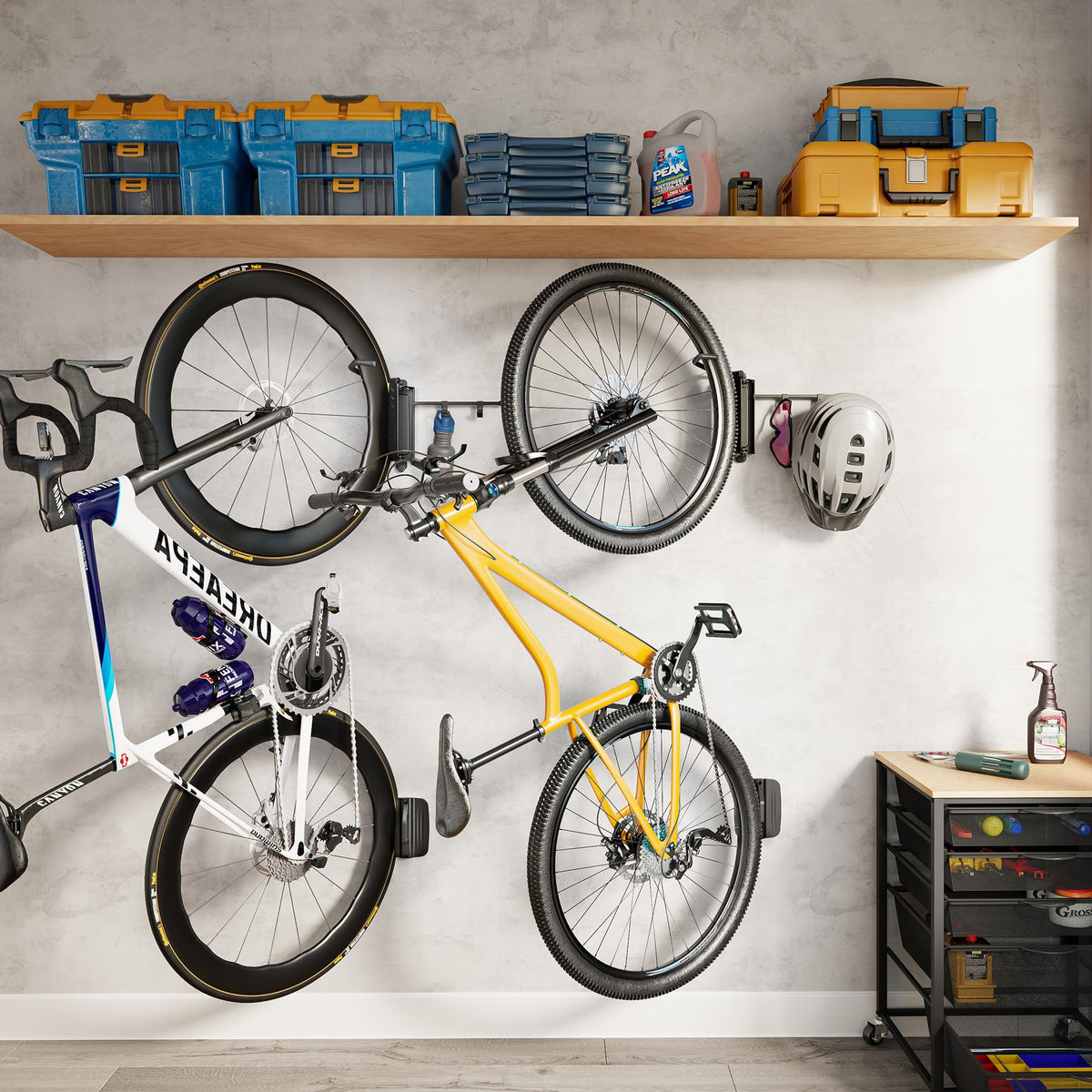 MonTEK vertical storage design frees floor space in a garage.