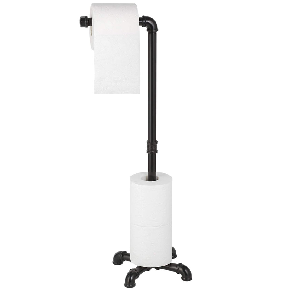 MOOACE toilet paper holder stand black front view showing easy roll dispensing