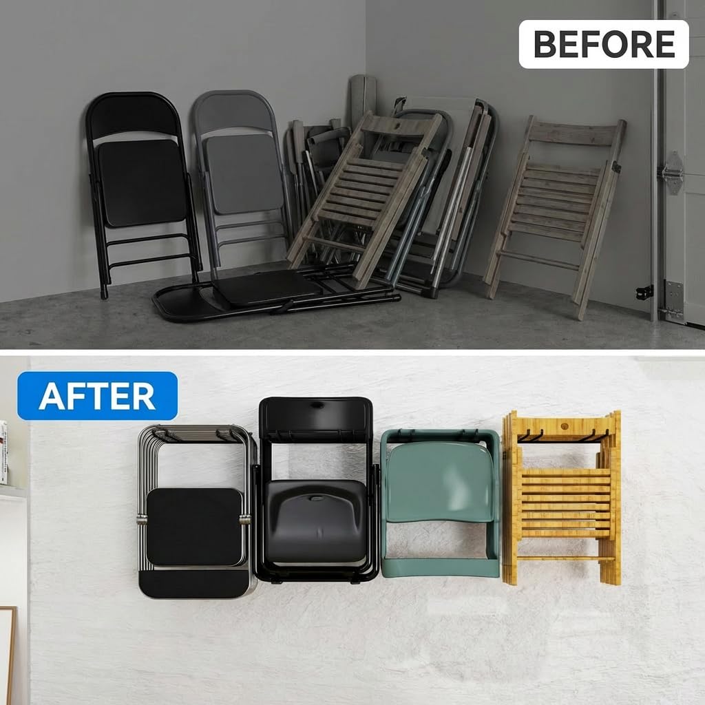MOOMSINE wall-mounted chair rack keeps beach and garden chairs within reach