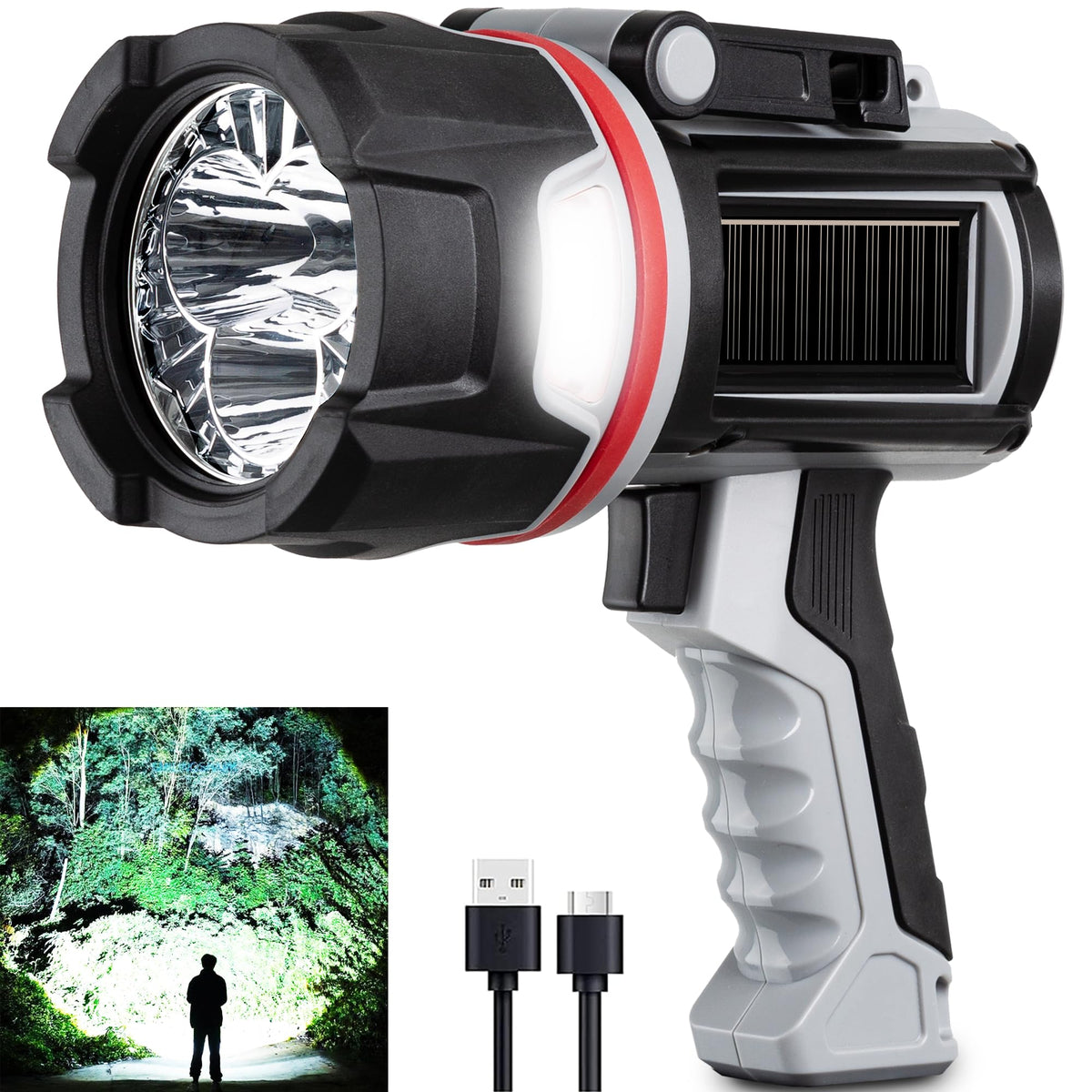 MOONASION rechargeable spotlight front view showing powerful 3-LED brightness for night hunts and boating.