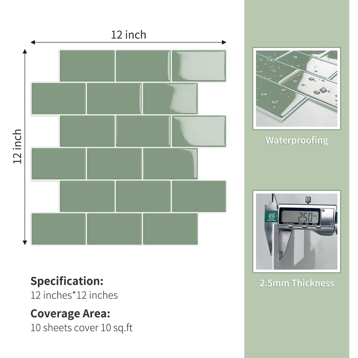 MOONFUN strong adhesive backing ensures a secure bond on green backsplash tiles