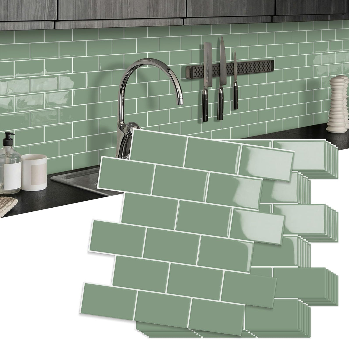 MOONFUN thick peel-and-stick green kitchen backsplash tiles close-up showing durability