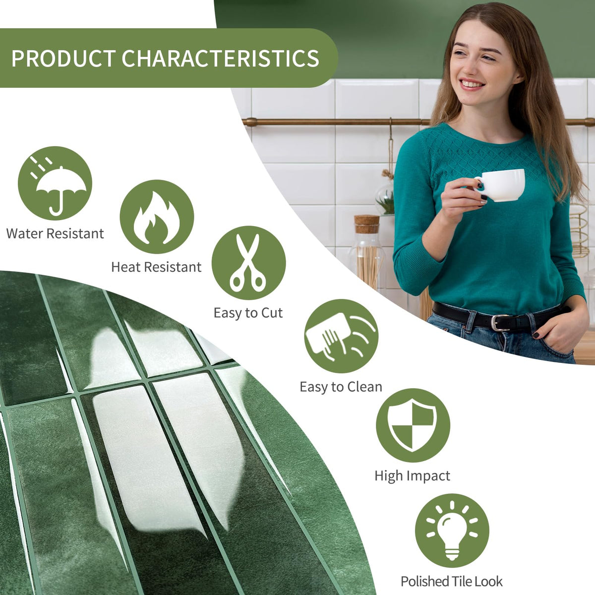 Moonfun upgraded thicker design tiles—durable 2.5mm forest green for lasting backsplashes