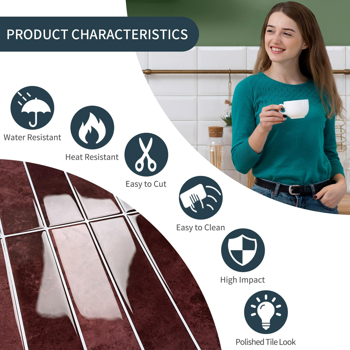 MOONFUN vintage red backsplash tile adhesive backing for durable walls