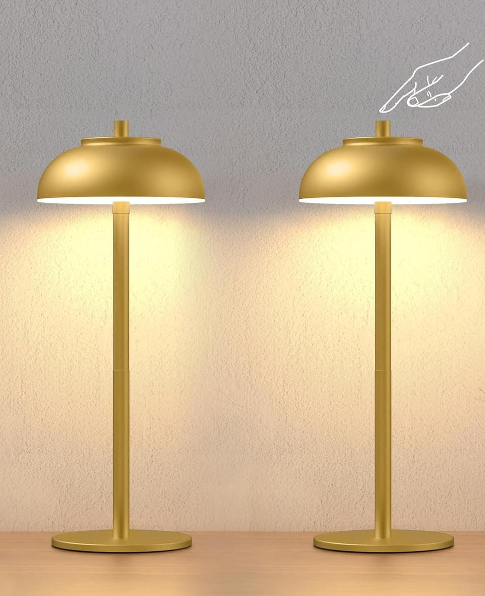 Moragin gold LED cordless table lamp front view, versatile indoor-outdoor lighting