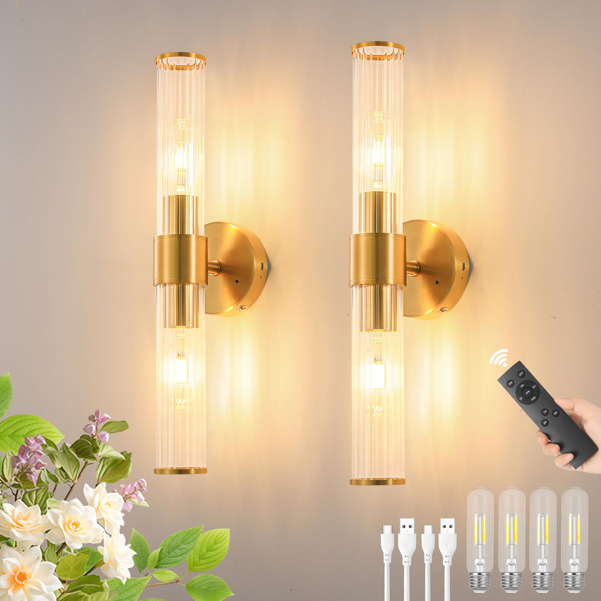 Morauroral gold battery wall sconces pair for warm ambient lighting