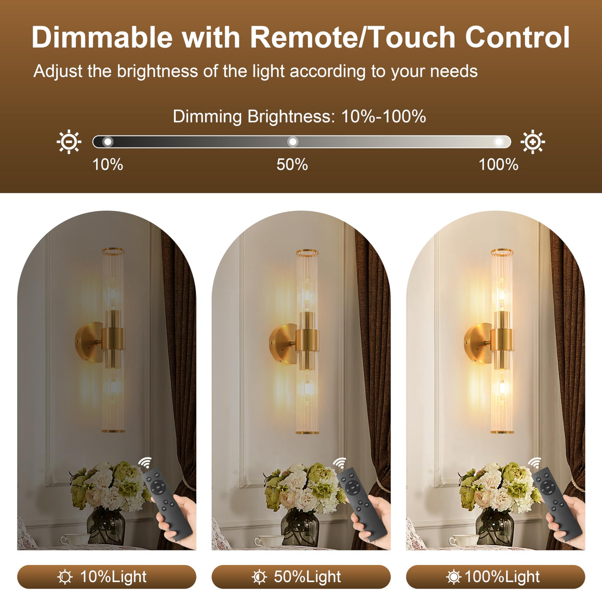 Brushed gold metal and glass shade provide elegant illumination