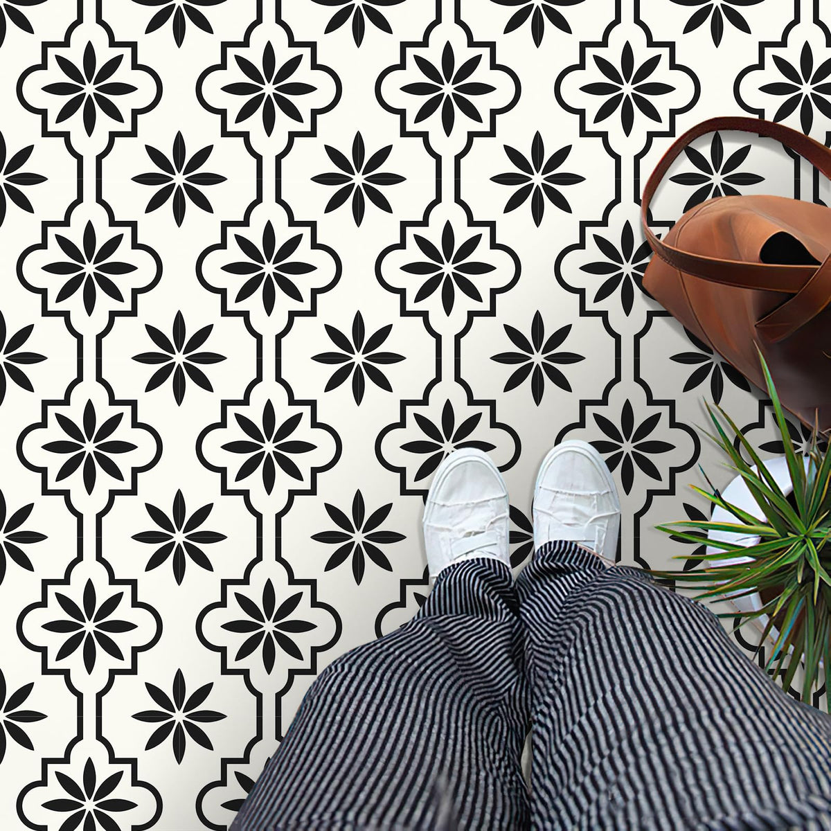 MORCART peel and stick floor tile in black and white for quick hallway upgrades.