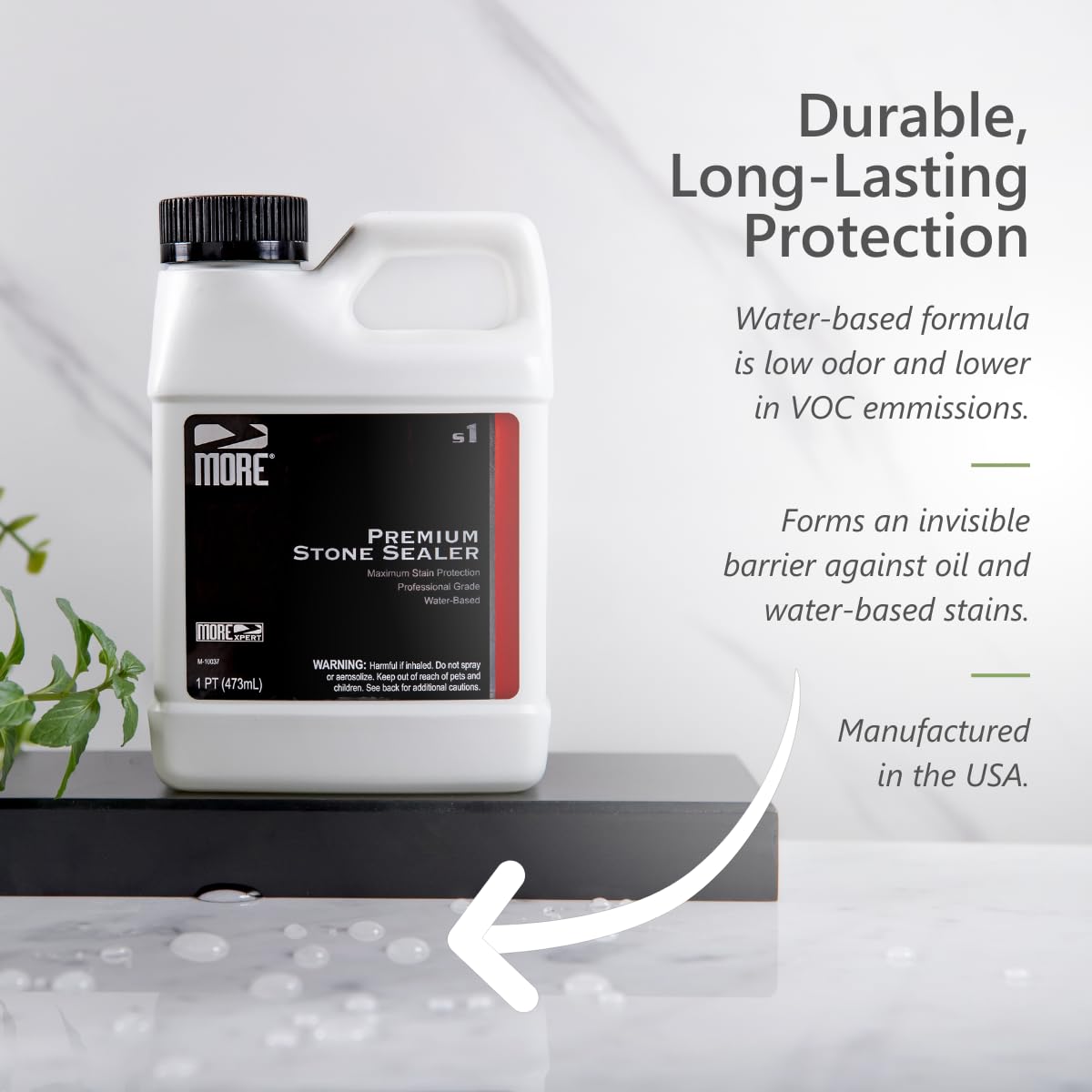 MORE Premium Stone Sealer protects interior countertops and exterior patios with an invisible barrier