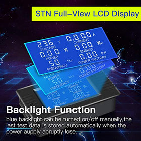 Morning Group digital LCD display shows voltage, current, power, and energy at a glance.