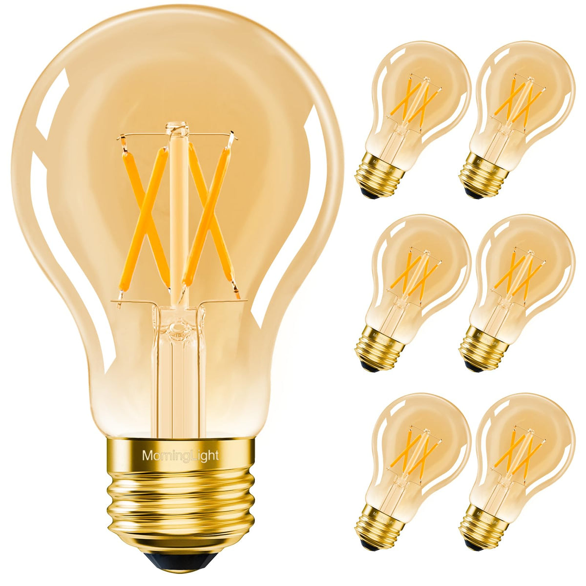 MorningLight six-pack dimmable Edison bulbs with amber glow add cozy ambiance to any fixture.