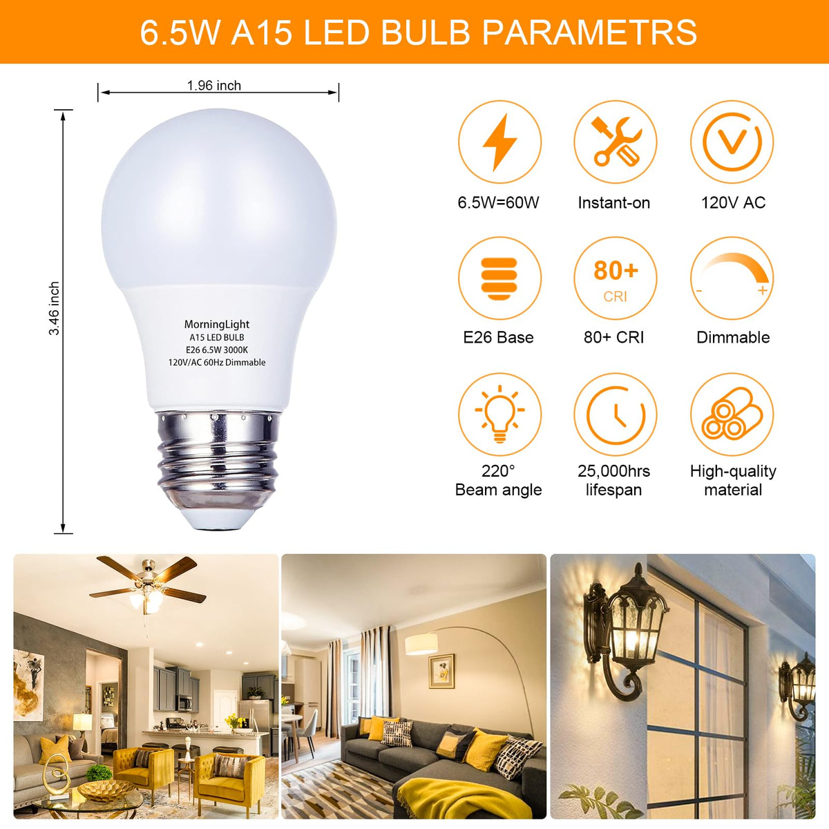 MorningLight A15 dimmable 3000K soft white for adjustable room ambiance.
