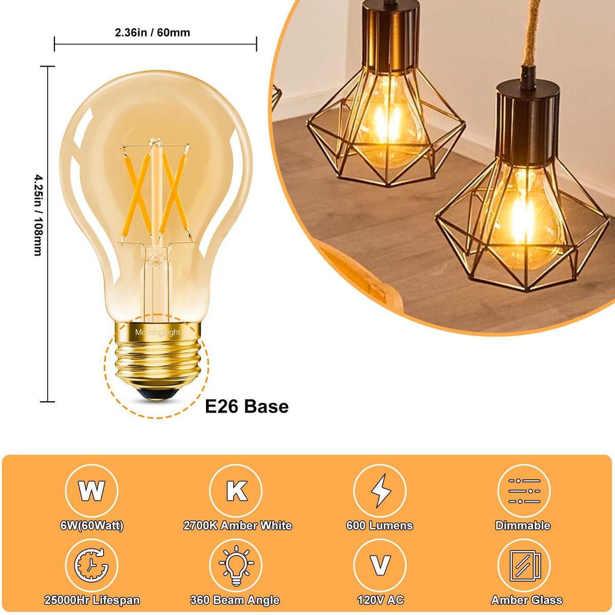 MorningLight amber glow Edison bulbs provide vintage charm with 60W-equivalent brightness for warm rooms.