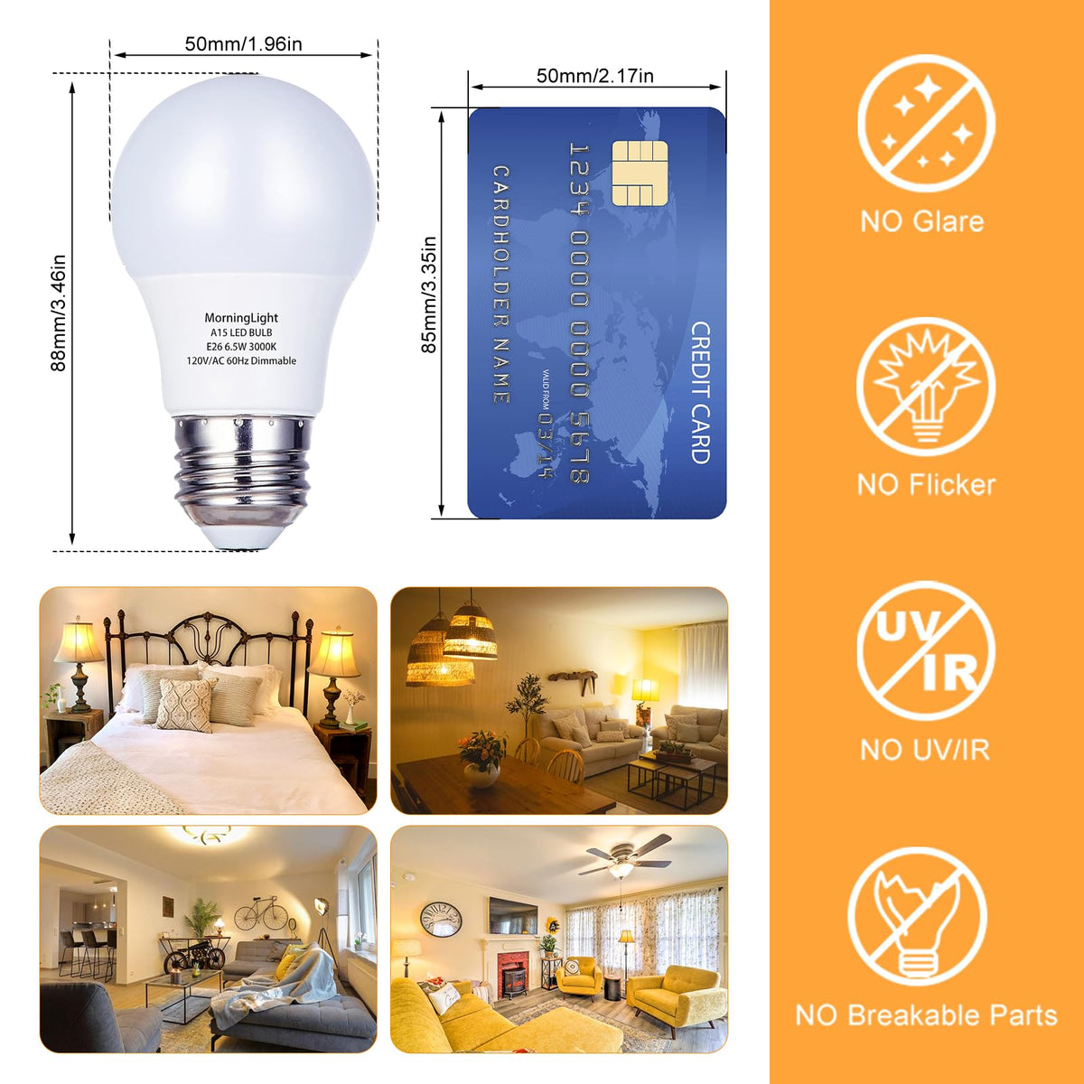MorningLight E26 base A15 bulb fits most fixtures with easy installation.