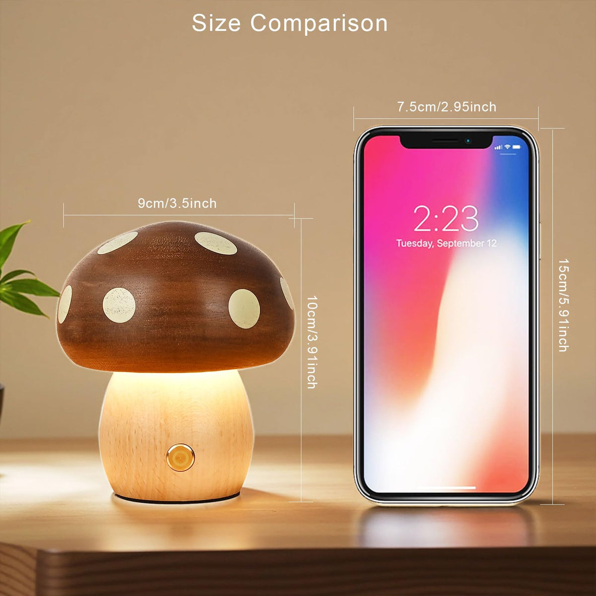 Rechargeable mushroom lamp offering cordless convenience for small spaces.