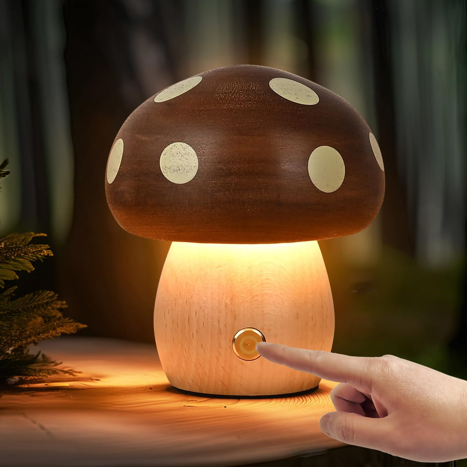 Moroommt wood mushroom lamp with beech finish adds cozy bedside ambiance.