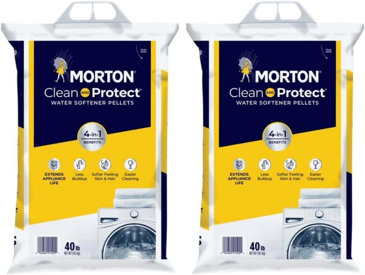 Morton Clean and Protect salt pellets in a 40 lb pack for efficient water softening