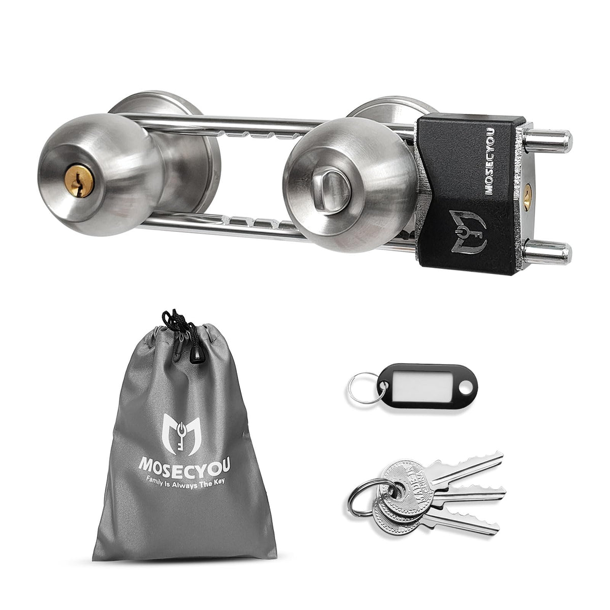 MOSECYOU French Door Lock on the door edge demonstrates sturdy metal construction for enhanced security.