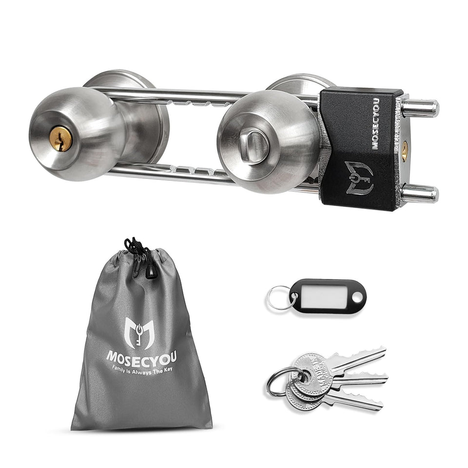 MOSECYOU French Door Lock on the door edge demonstrates sturdy metal construction for enhanced security.
