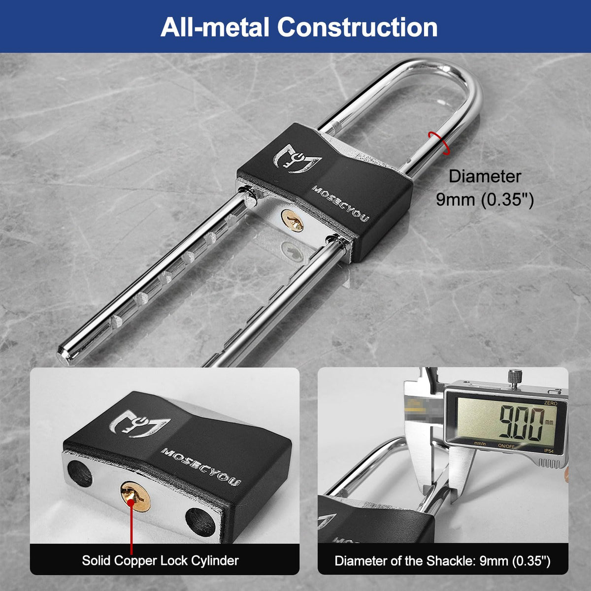 Close-up of MOSECYOU hardened steel construction highlighting durability.