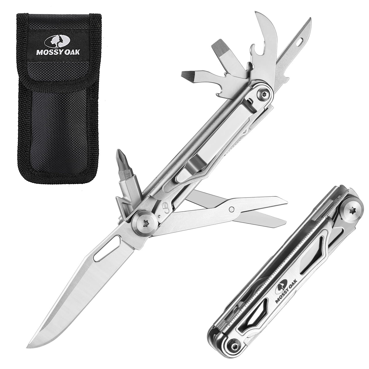 Mossy Oak 12-in-1 multitool with belt clip for easy carry during outdoor activities