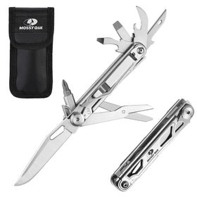 Mossy Oak 12-in-1 multitool with belt clip for easy carry during outdoor activities