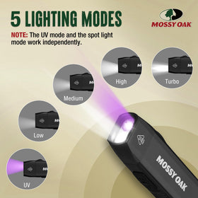Mossy Oak flashlight with magnetic base and clip enables hands-free garage work.