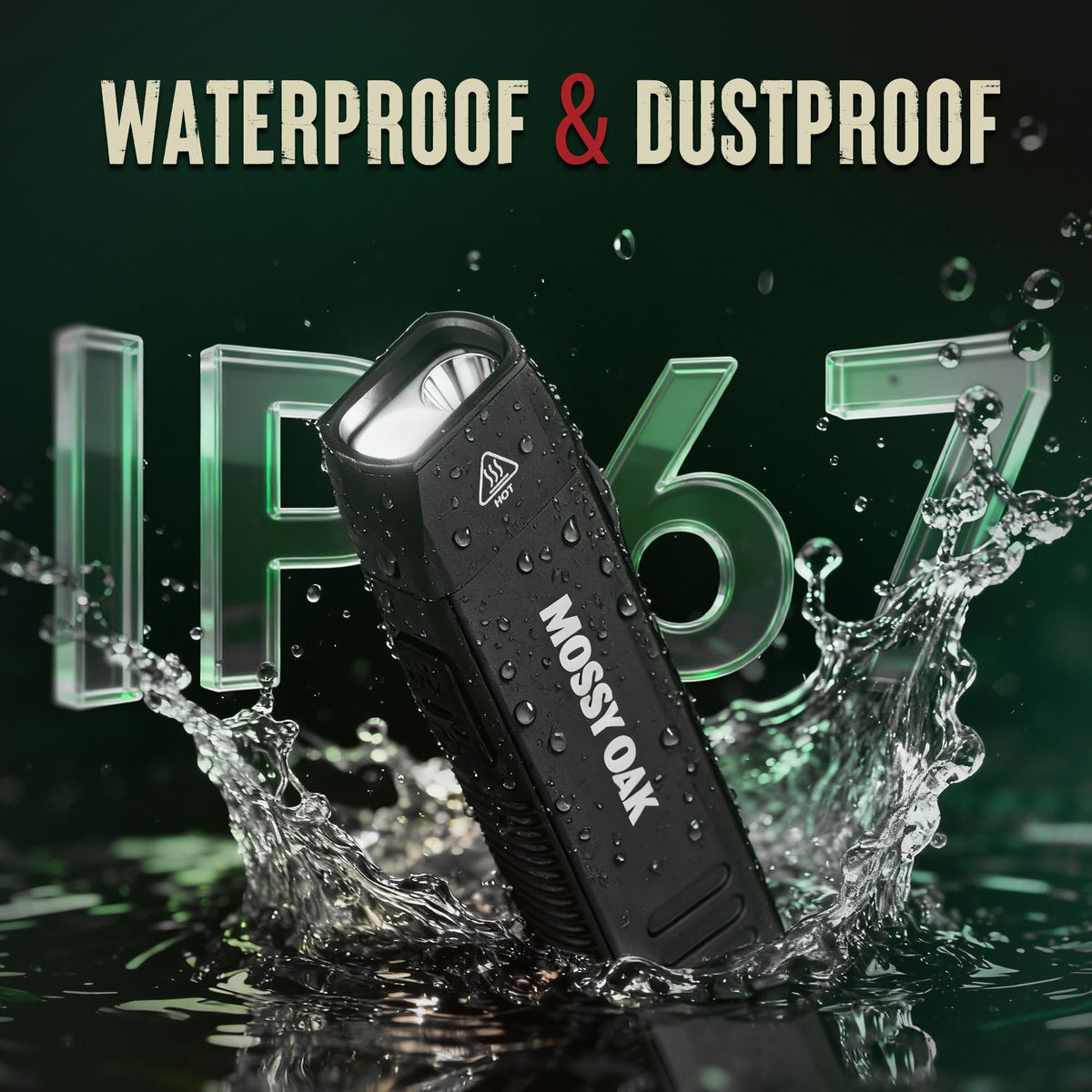 Mossy Oak IP67 waterproof flashlight built for rain and rugged sites.