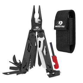 Mossy Oak multitool with pliers shows versatile outdoor reliability for camping and repairs.