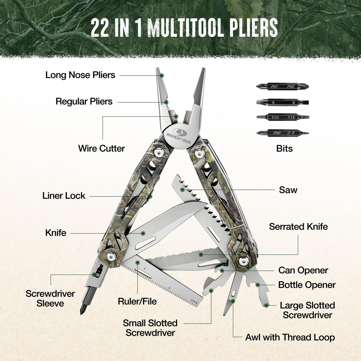 Mossy Oak multitool in 3CR13 stainless steel for durability in the field