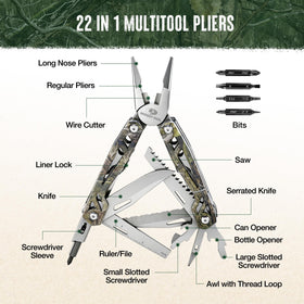 Mossy Oak multitool in 3CR13 stainless steel for durability in the field