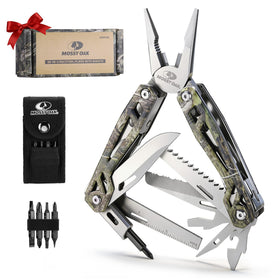 Mossy Oak multitool with camo handle, ideal for camping and repairs