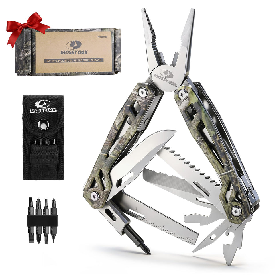 Mossy Oak multitool with camo handle, ideal for camping and repairs