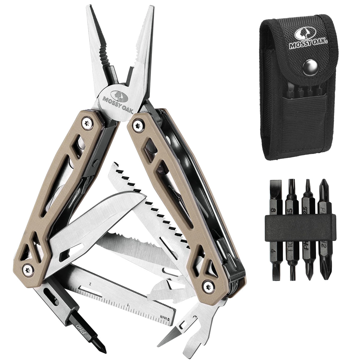 Mossy Oak multitool with desert steel handle ready for rugged outdoor tasks