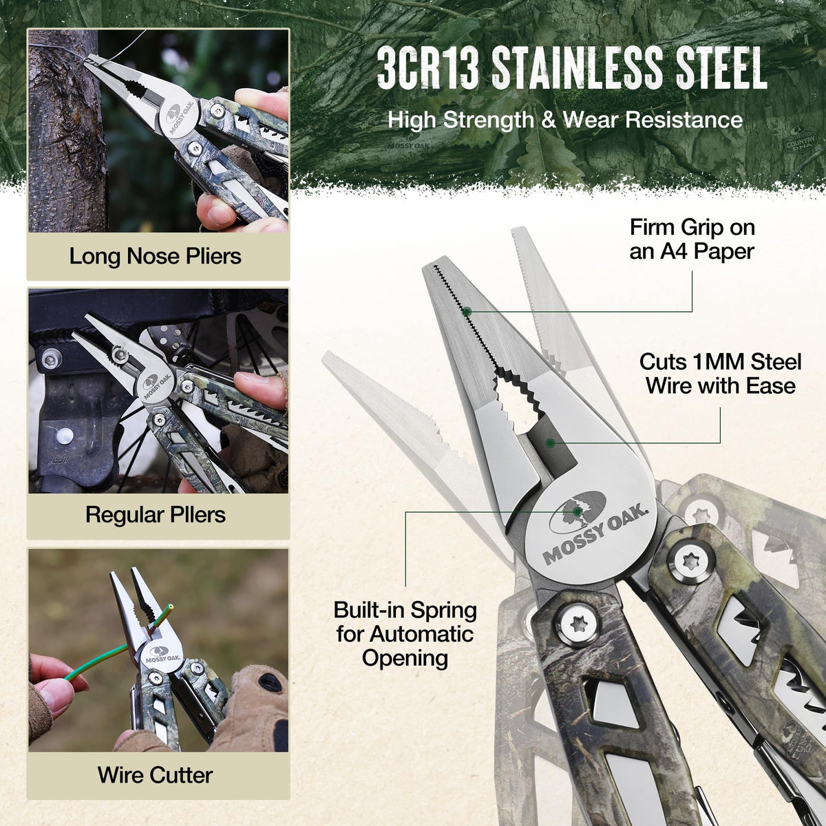 Mossy Oak multitool with durable nylon pouch for belt carry