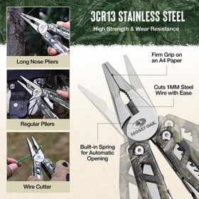 Mossy Oak multitool with durable nylon pouch for belt carry