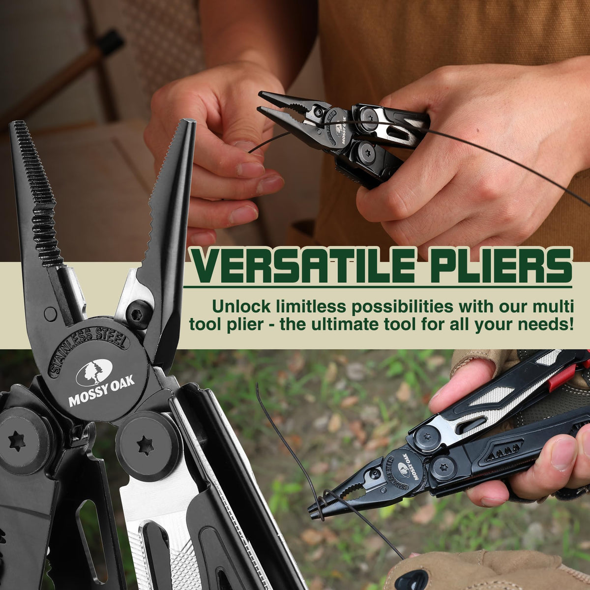 Mossy Oak multitool fire-starter enables quick ignition outdoors.