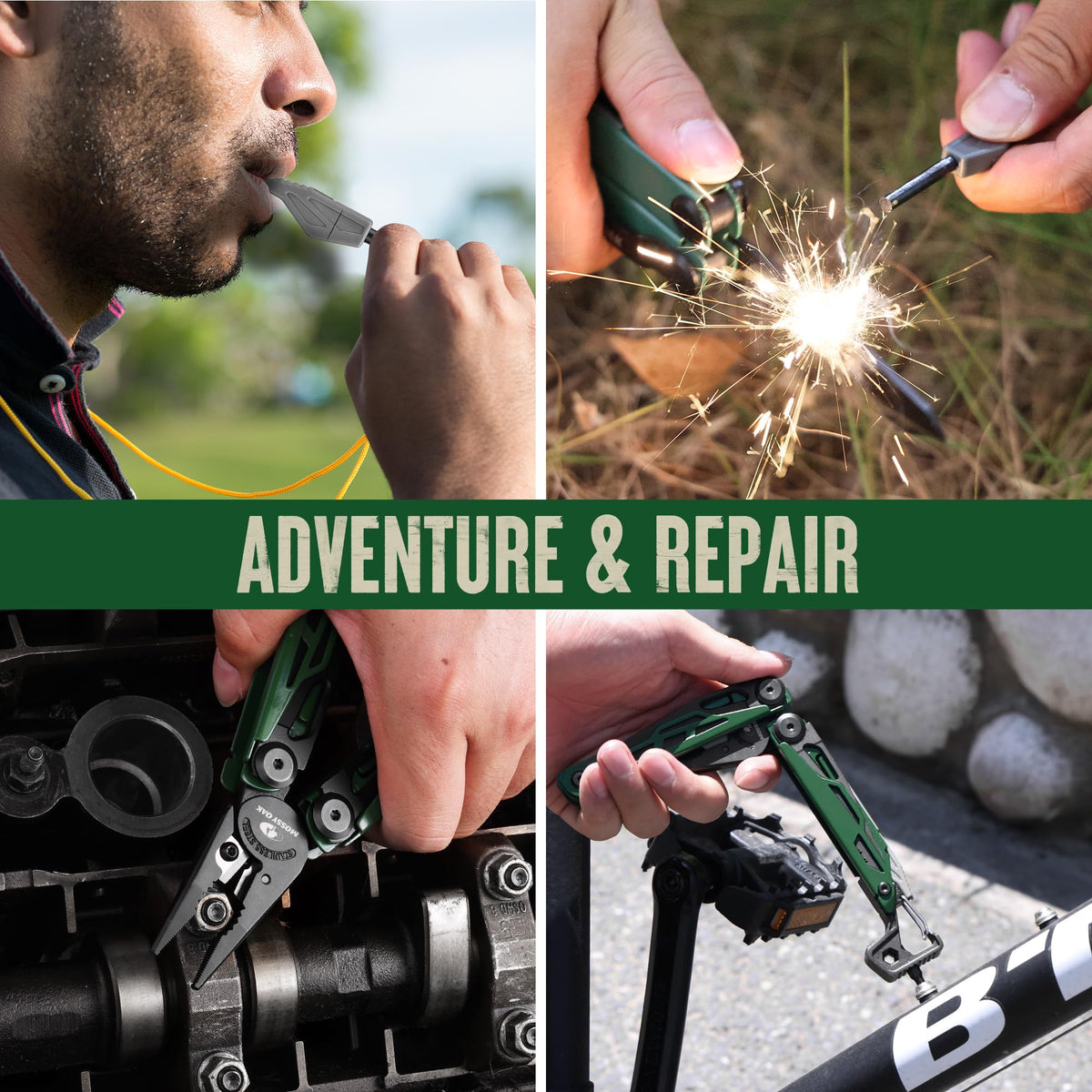 Mossy Oak multitool hammer-tail demonstrates tent-stake driving in outdoor use