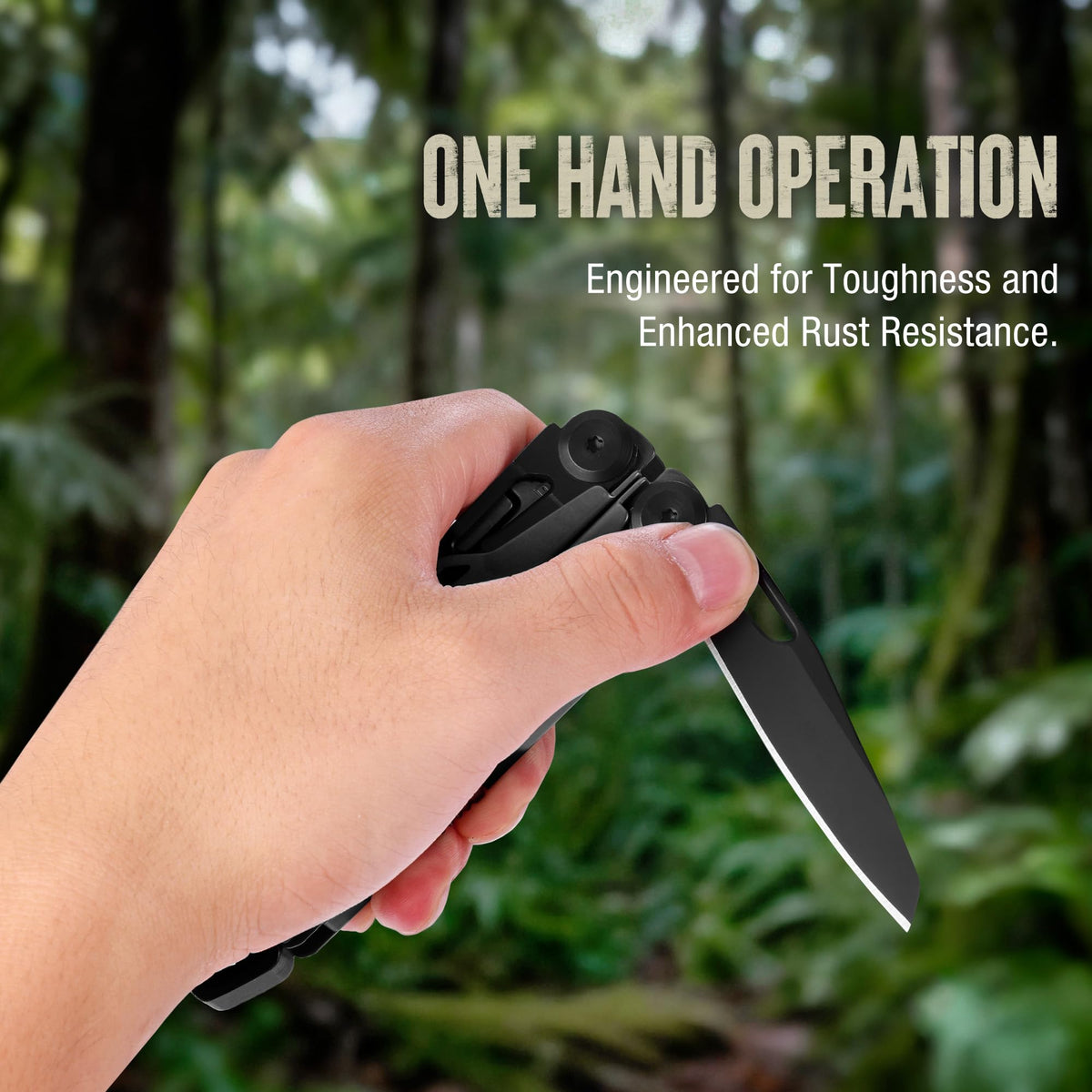 Mossy Oak multitool knife blade extended for quick cuts during hikes.