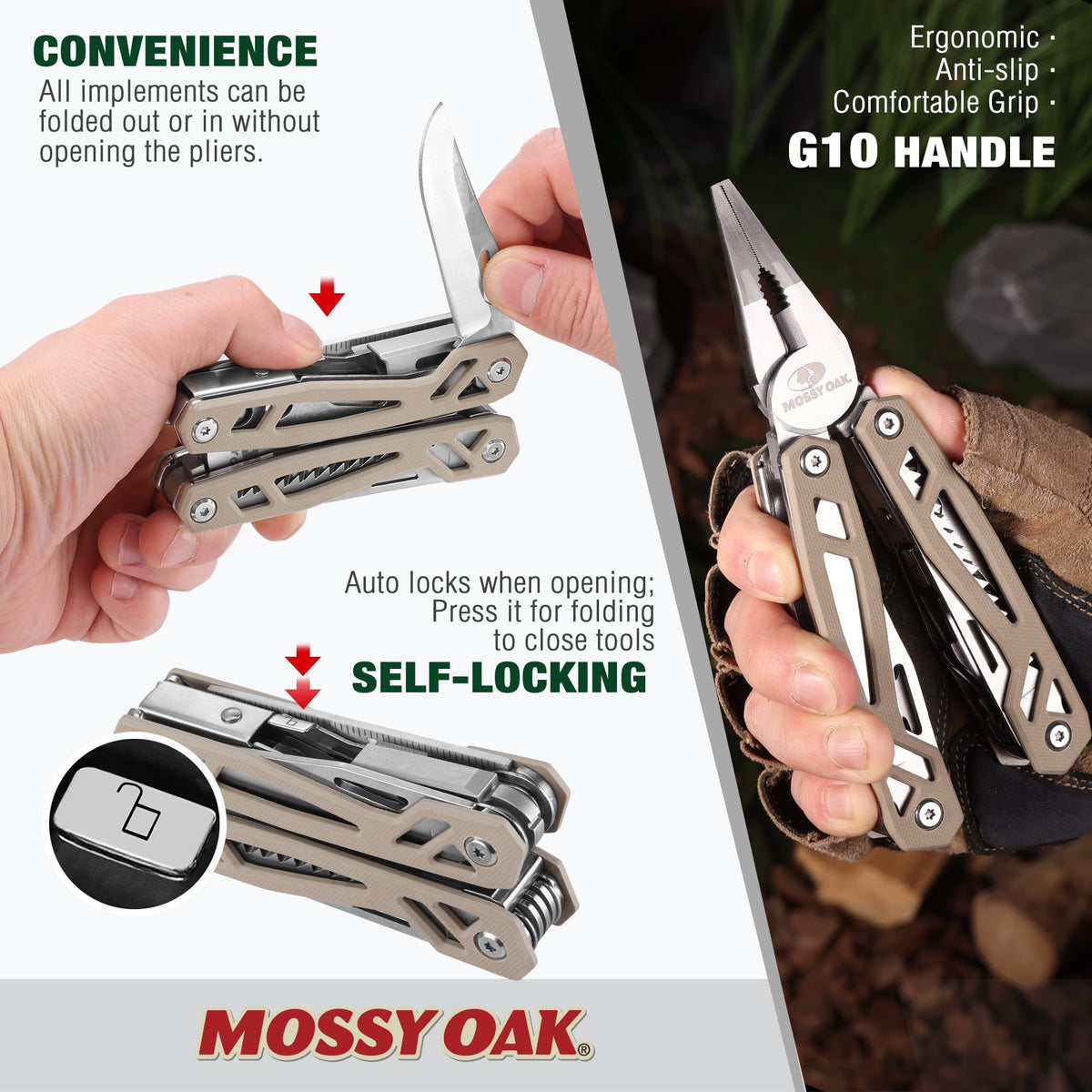 Mossy Oak multitool with pliers and wire cutter for field repairs