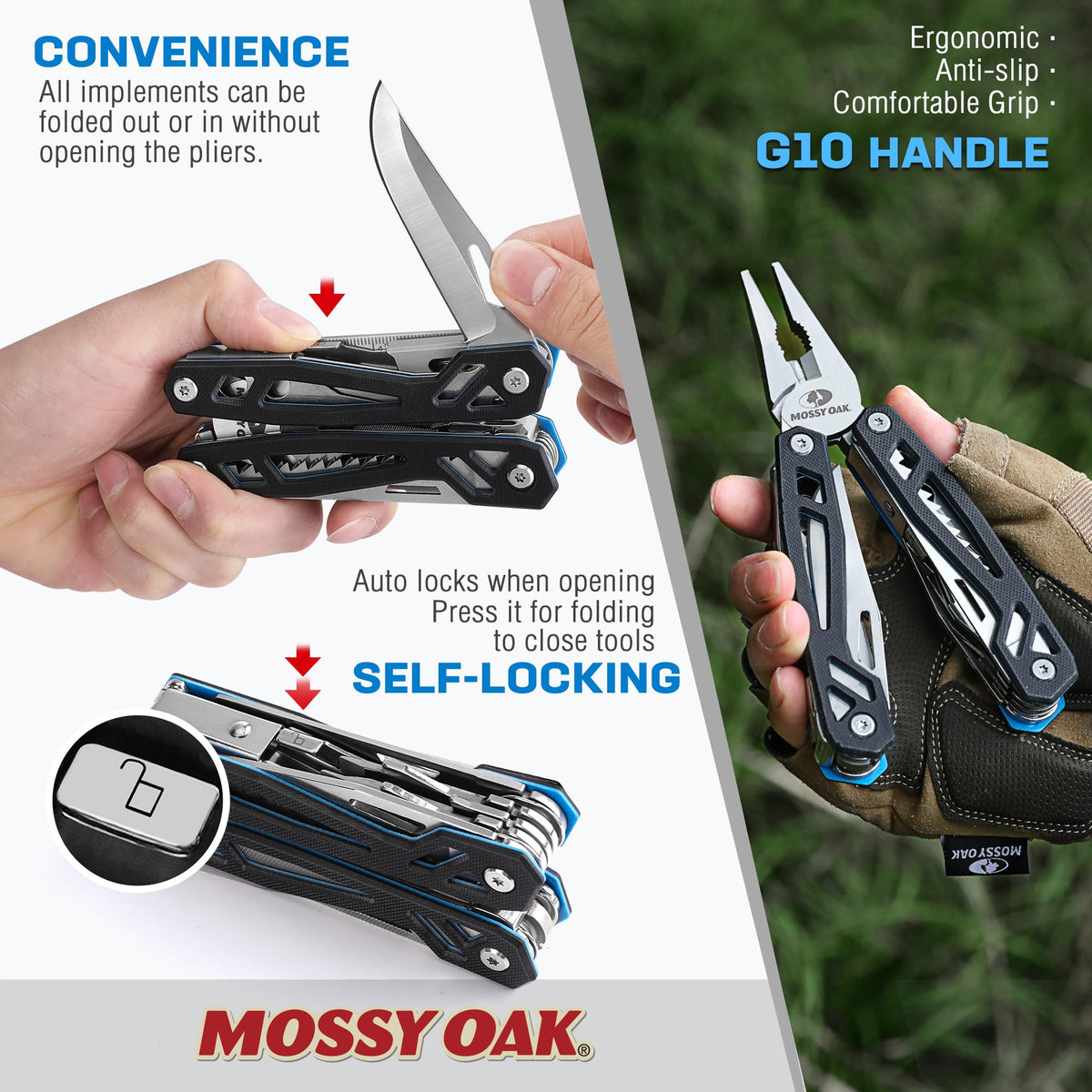 Mossy Oak multitool pliers close-up supports sturdy gripping during DIY.
