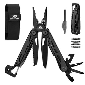 Mossy Oak multitool pliers head close-up for precise field repairs and camping tasks.