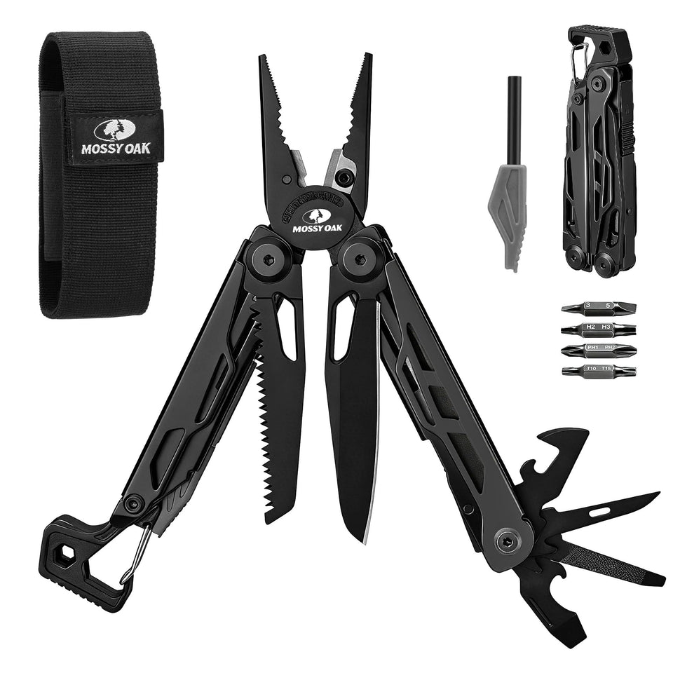 Mossy Oak multitool pliers head close-up for precise field repairs and camping tasks.